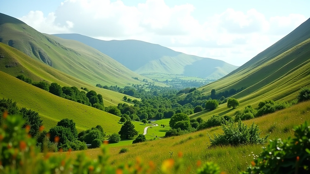 Scenic valley landscape with mountains and vegetation