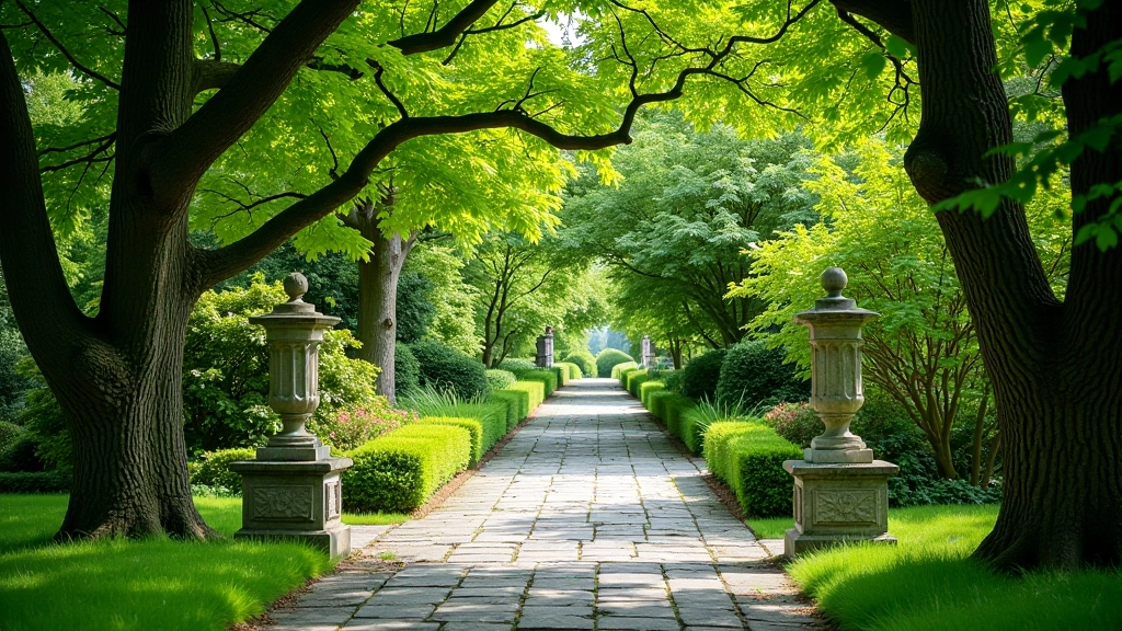 Stone pathway entrance to historic garden with mature trees, welcoming garden entrance with proper path and natural landscaping
