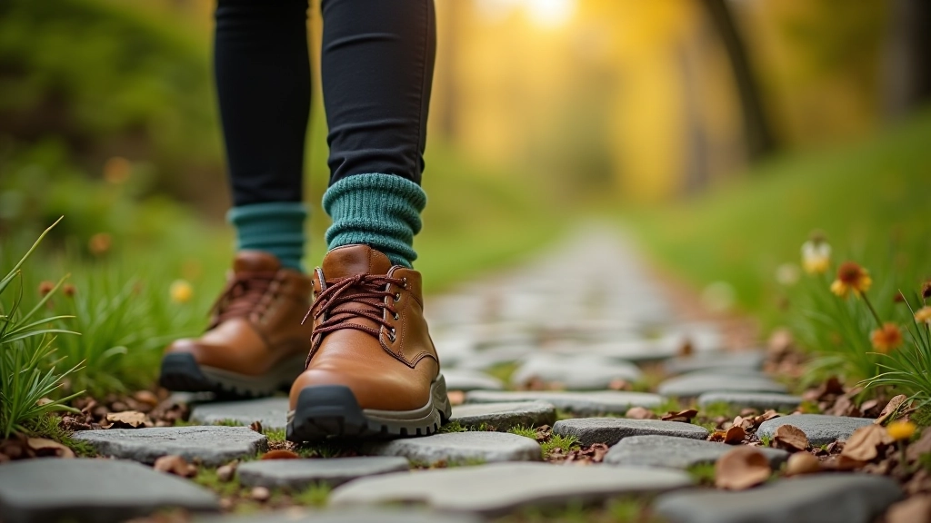 Close-up of walking boots and hiking socks on a natural stone surface, outdoor setting with dappled sunlight