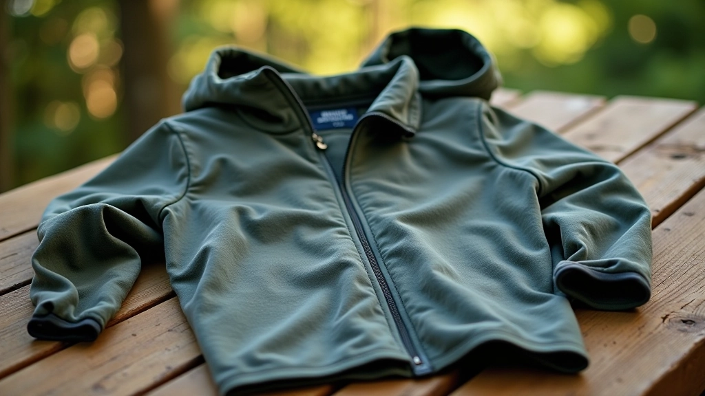 Layered clothing items including lightweight jacket, long-sleeve shirt, and moisture-wicking base layer arranged on a wooden table
