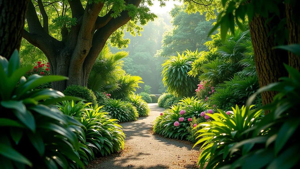 Tropical garden pathway with lush greenery and natural vegetation