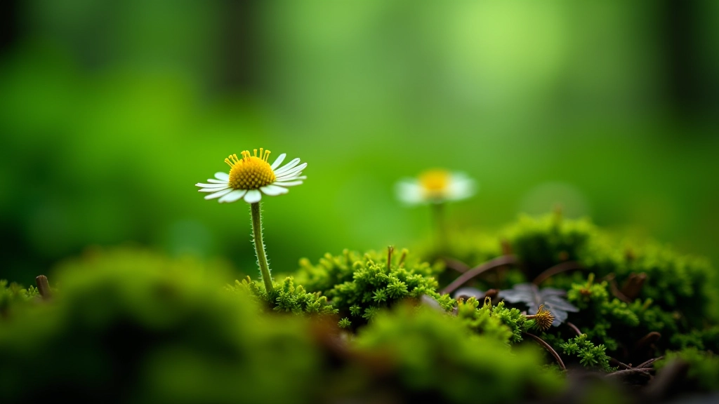 Close-up botanical detail showing fern fronds and moss growing on forest floor with natural soft lighting