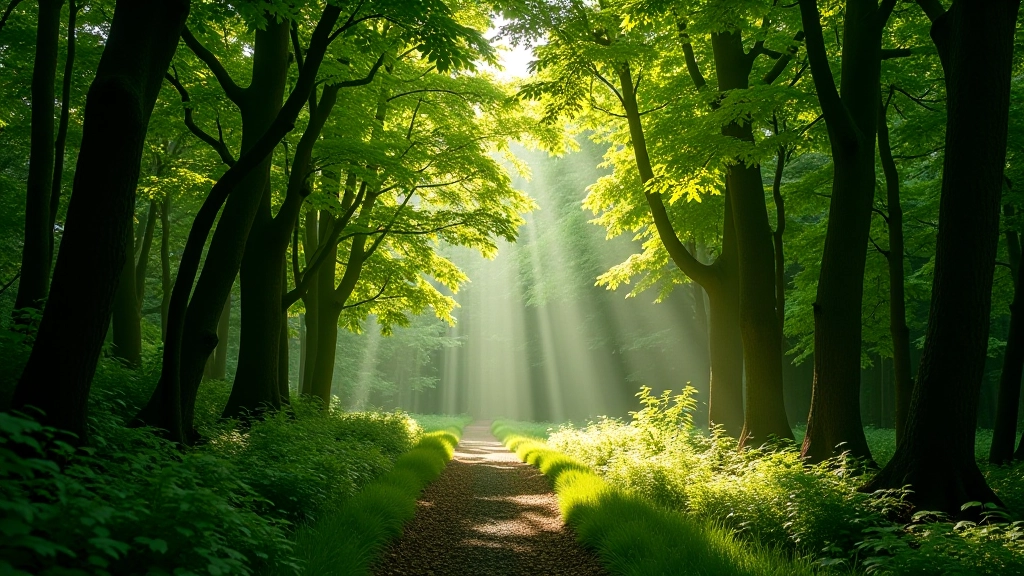 Mature forest canopy with dappled sunlight filtering through leaves, creating natural patterns on forest floor, peaceful woodland environment