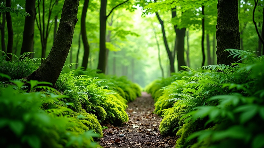 Native woodland plants including oak, ash, and fern species in a shaded forest setting with natural dappled light filtering through canopy