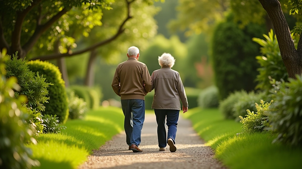 Senior couple walking on a well-maintained garden path with comfortable seating areas visible in background