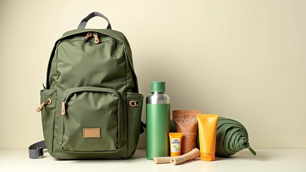 Backpack with water bottle, snacks, and essentials laid out on a light background