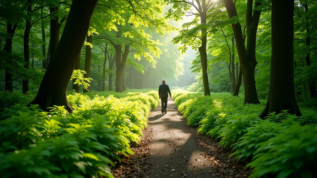 Serene woodland path with dappled sunlight through trees