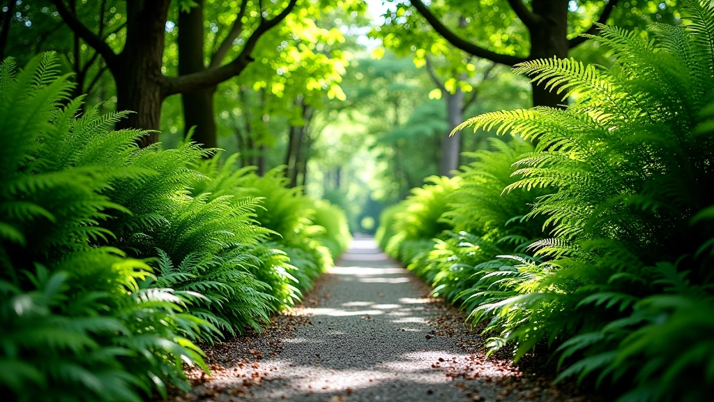 Shaded woodland pathway with mature trees creating natural canopy, stone path bordered by ferns and lush undergrowth, peaceful forest setting