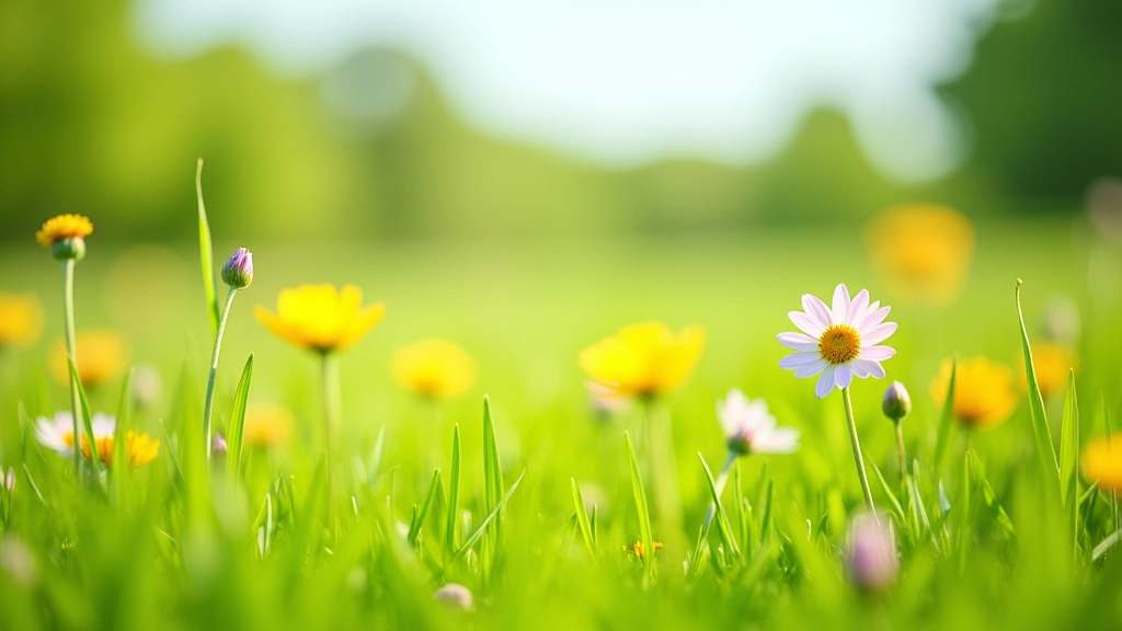 Spring wildflowers in an open meadow with distant tree line, fresh green grass and colorful blooms, bright natural daylight