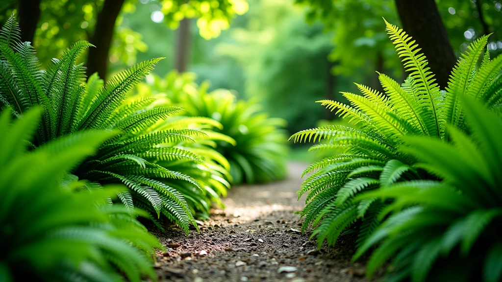 Subtropical ferns and exotic flowering plants in Derreen Gardens, showcasing colorful blooms and distinctive foliage under dappled garden light