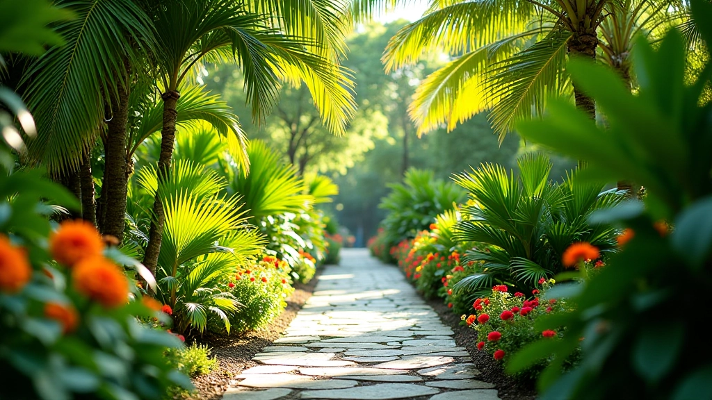 Lush tropical garden with palm trees and winding stone pathway bordered by colorful flowering plants