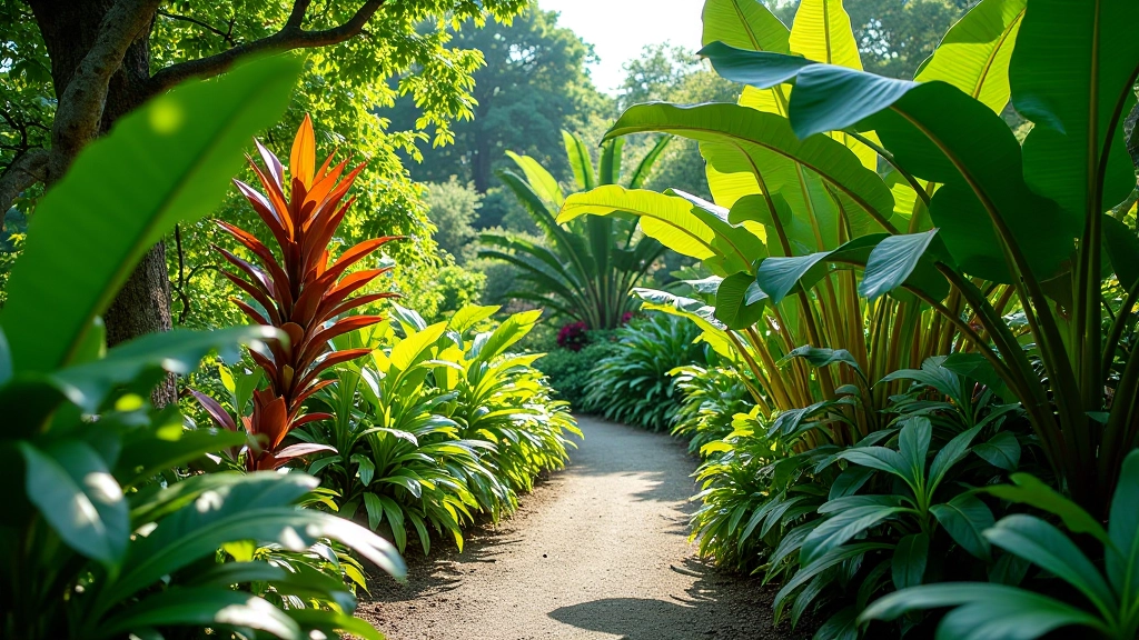 Lush tropical plants in a botanical garden setting