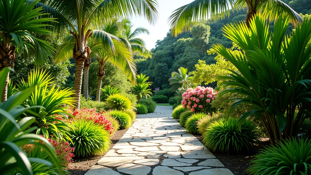 Lush tropical garden pathway with vibrant flowering plants and mature palm trees creating natural canopy