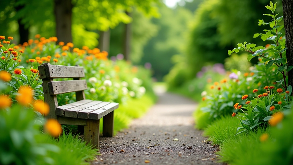 Wooden bench positioned on a garden pathway with flowering plants in background, peaceful garden setting with dappled light