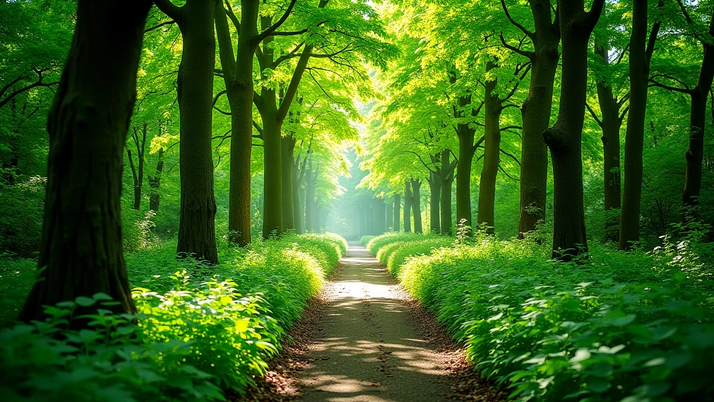 Shaded woodland path with ancient trees creating a natural canopy and soft filtered light