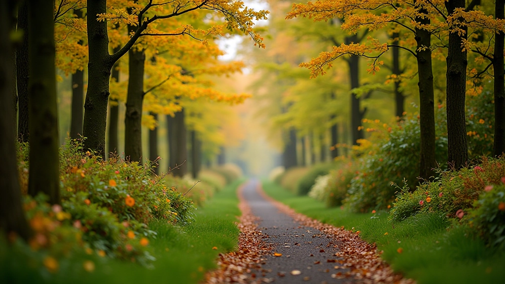 Seasonal woodland landscape showing mixed green and autumn-colored foliage with natural daylight filtering through trees
