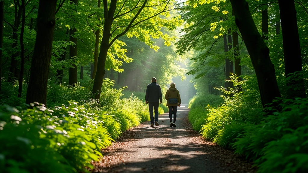 Serene woodland pathway with natural lighting and established walking trail
