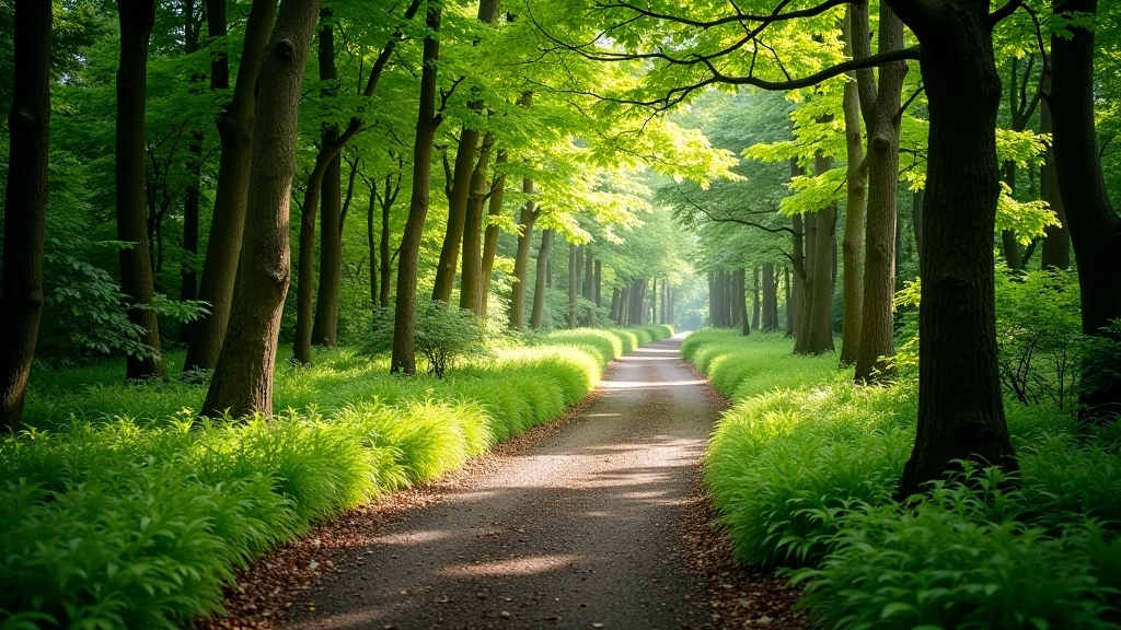Shaded woodland forest path with ancient trees and dappled natural light filtering through leaves