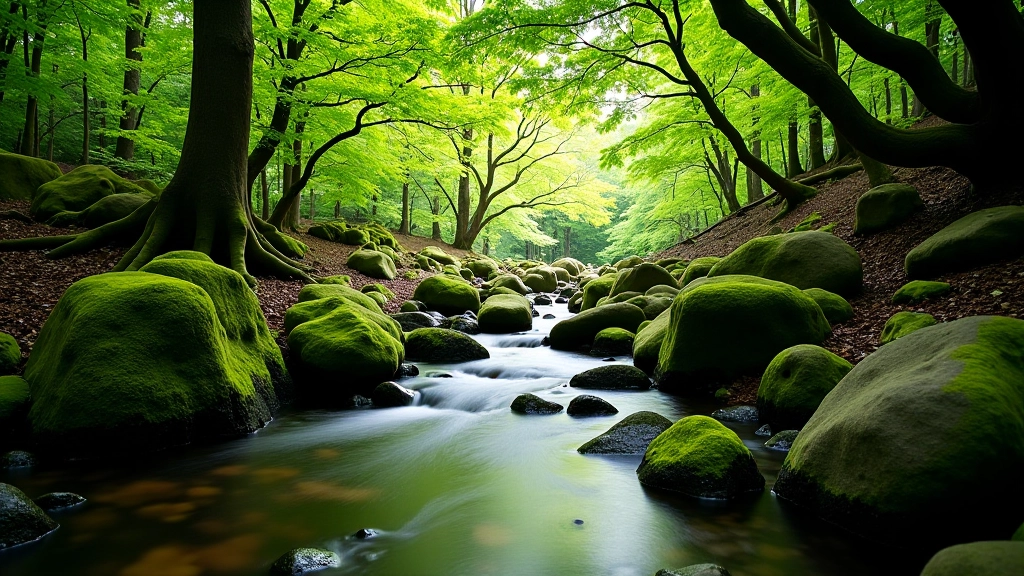 Peaceful woodland stream with moss-covered rocks and overhanging tree branches, dappled light on water, tranquil forest setting